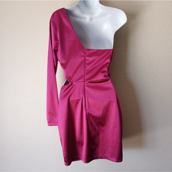 Lulus Shot Caller Satin One-Shoulder Barbie Pink  Long Sleeve Cutout Dress - Picture 6 of 11